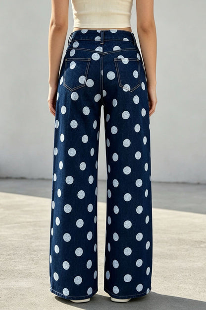 Non-Stretch Polka Dot Wide Leg Jeans