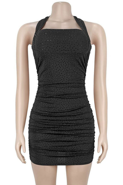 Rhinestone Ruched Halter Mini Dress