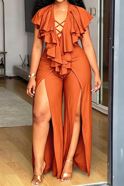 Ruffle Lace-Up High Slit Jumpsuit