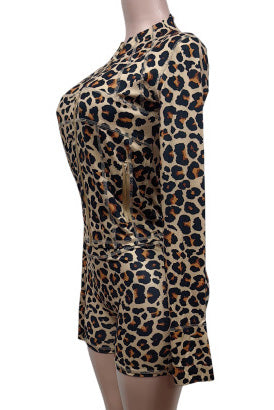 Leopard Print Long Sleeve Biker Shorts Set
