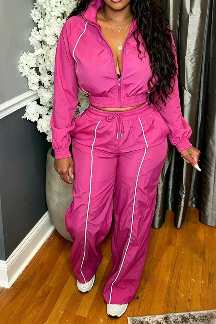 Zip-Front Piped Top & Wide-Leg Pants Set