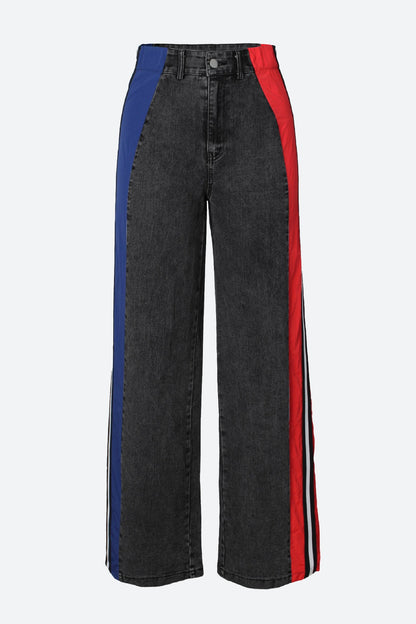 Wide Jeans with Wide Contrast Side Lines-Black