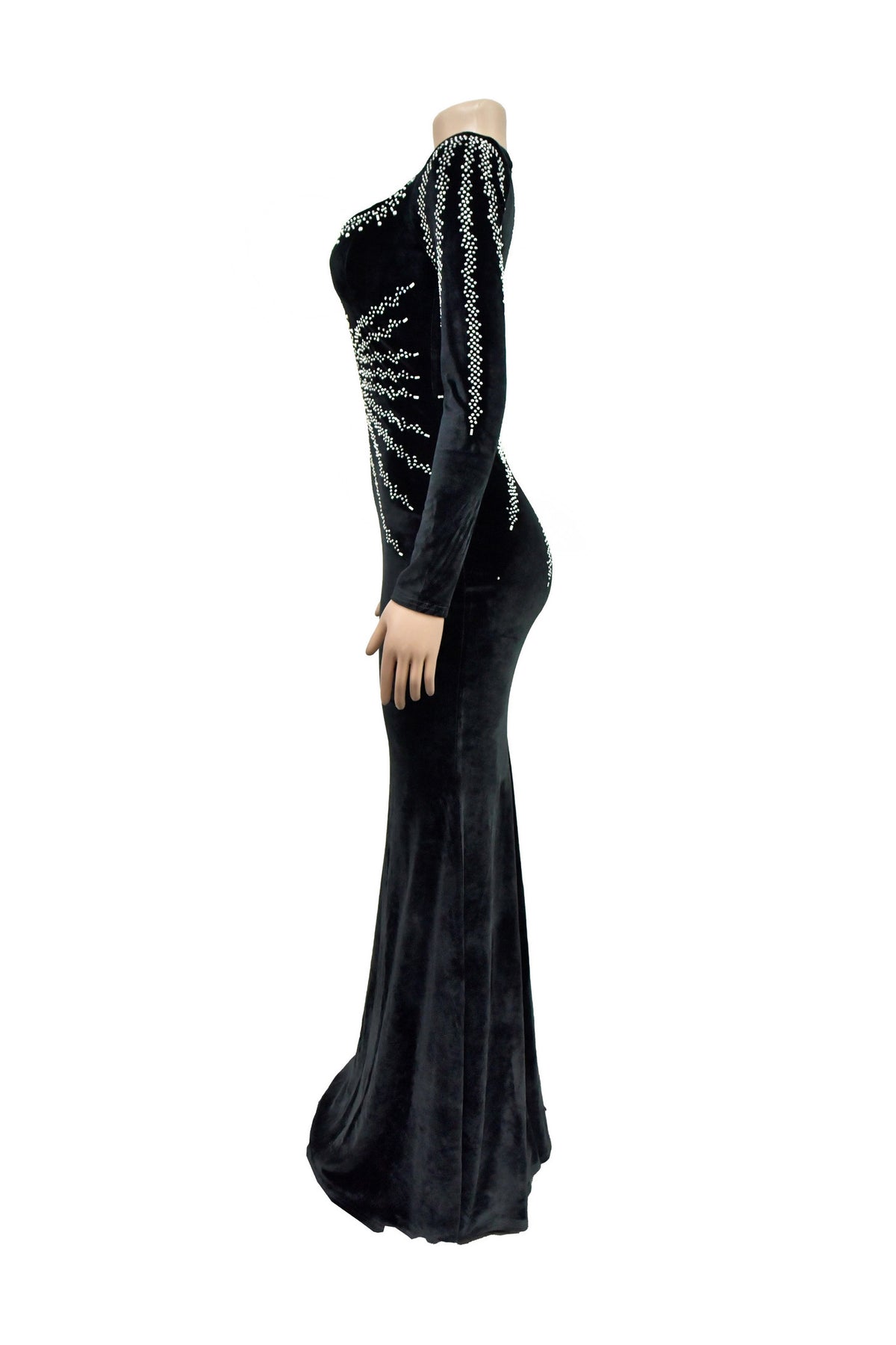 Rhinestone Plunge Illusion Velvet Maxi Dress