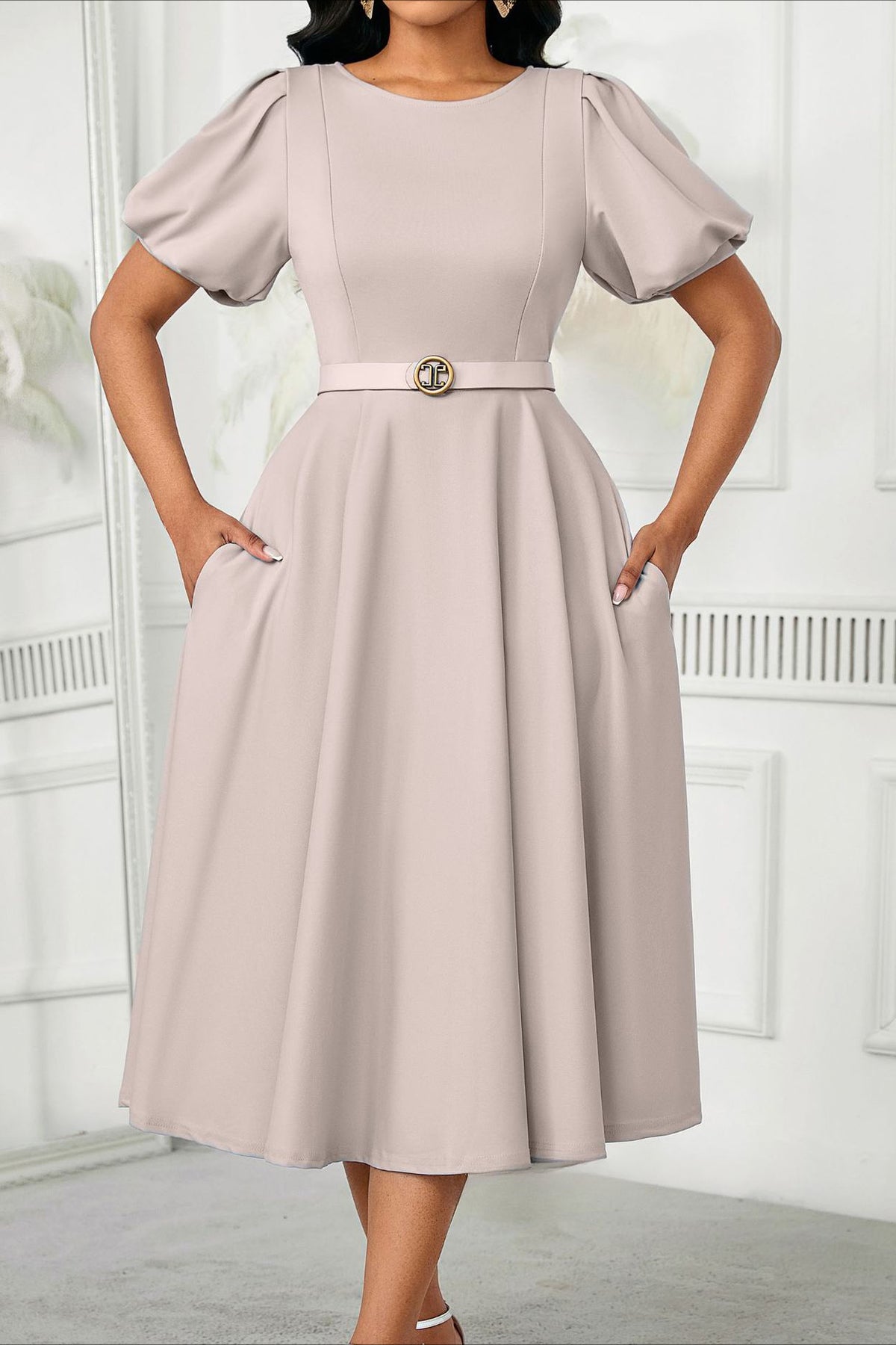 Puff Sleeve High Waist Solid Round Neck Dress