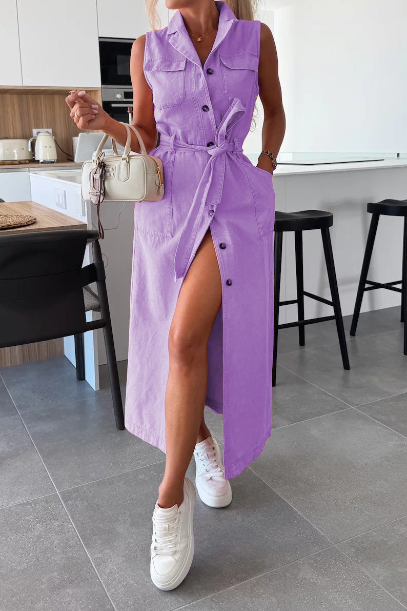 Sleeveless Belted Utility Maxi Shirt Dress