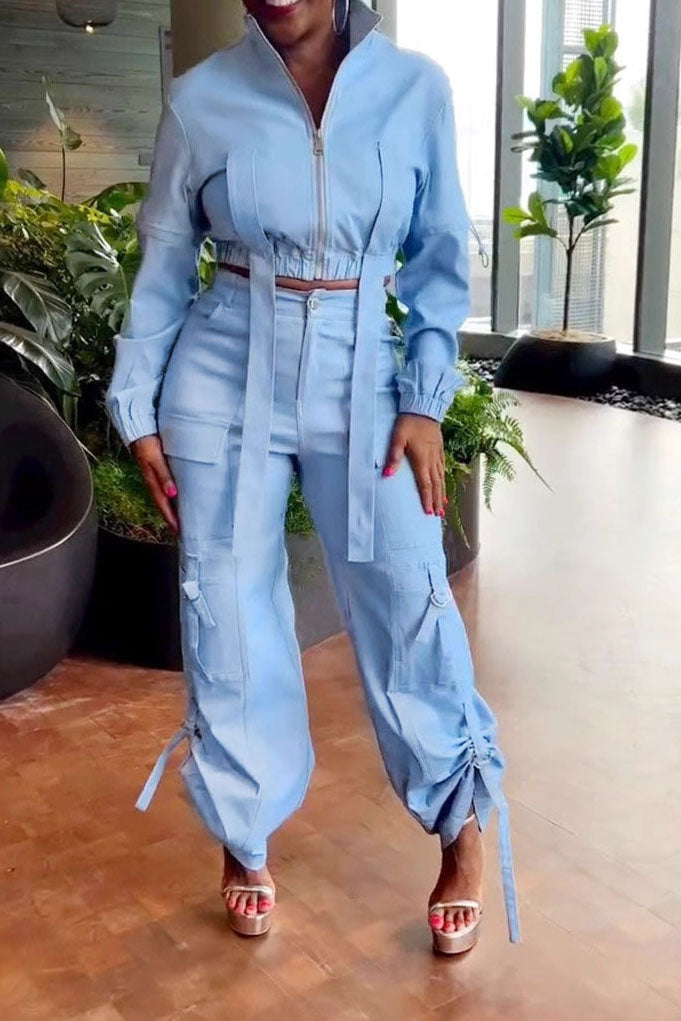 Long Sleeve Crop Jacket Pocket Cargo Pants Set