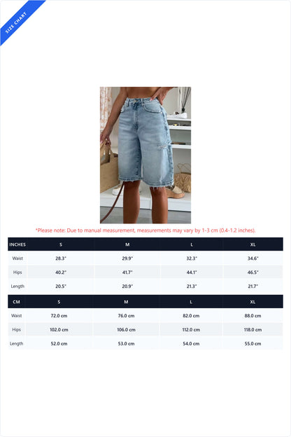 High-Waisted Raw Hem Denim Bermuda Shorts
