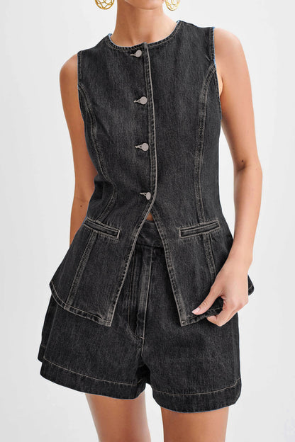 Denim Button-Up Vest & Shorts Set