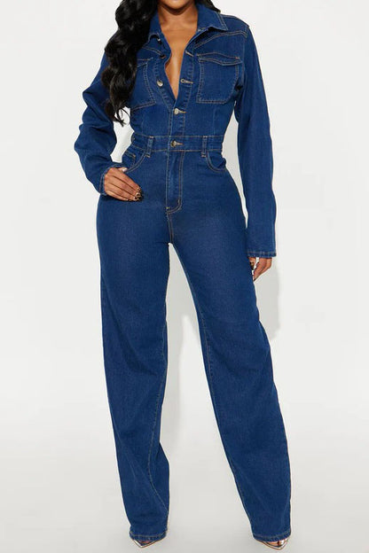 Stretch Flare Leg Long Sleeve Denim Jumpsuit