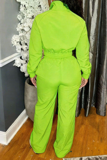 Zip-Front Piped Top & Wide-Leg Pants Set