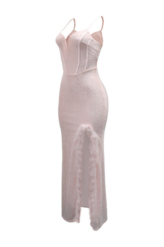 Feather Trim Sequin Gown