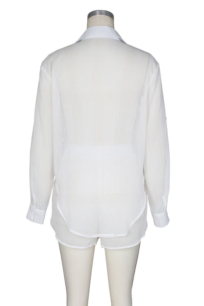 Sheer Long Sleeves Top Shorts Set