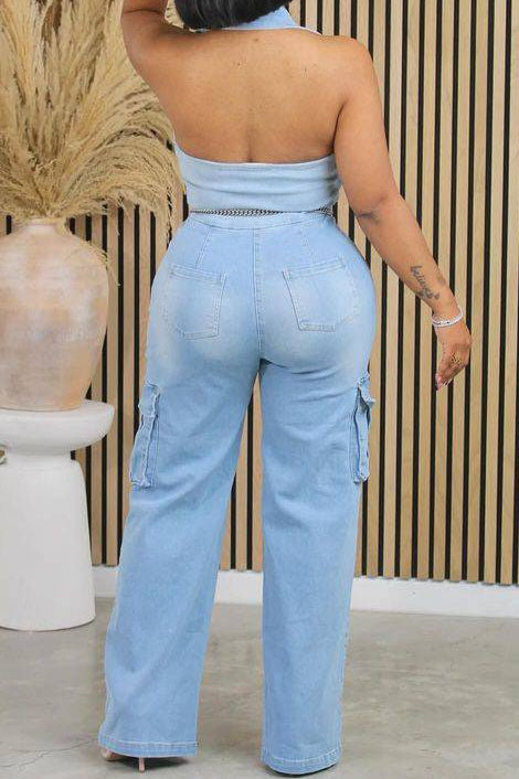 Multi Pocket Denim Halter Backless Jumpsuits