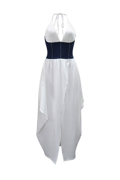 Slim Fit Denim Patchwork Deep V Slit Dress