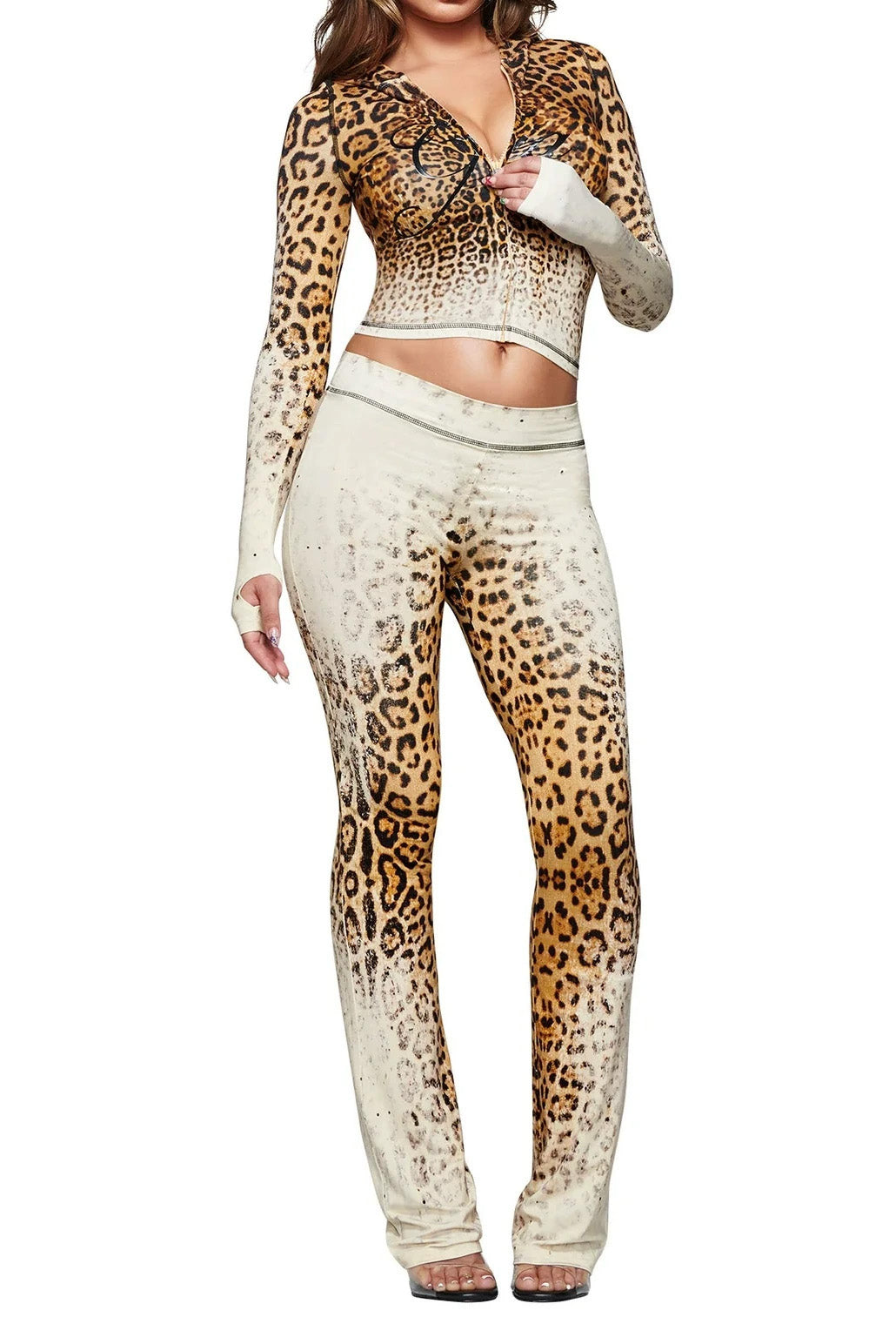Printed Zip Hoodie Flare Pants Set