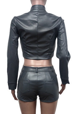 Leather Crop Jacket and Shorts Set