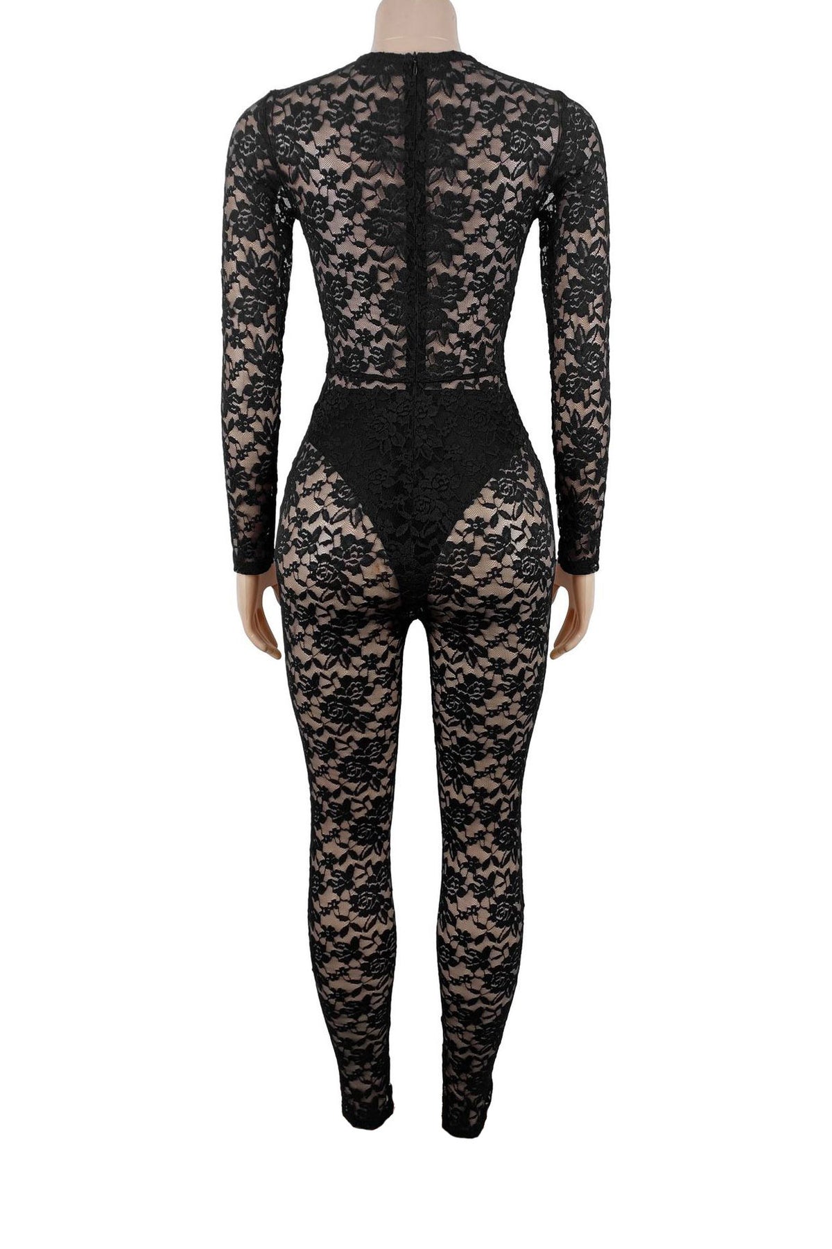 Sheer Lace Long-Sleeve Cutout Jumpsuit