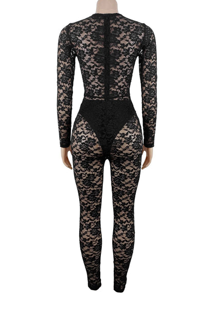Sheer Lace Long-Sleeve Cutout Jumpsuit