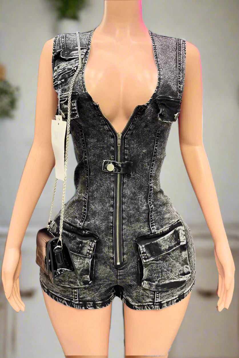 Waist-Cinched Denim Rompers
