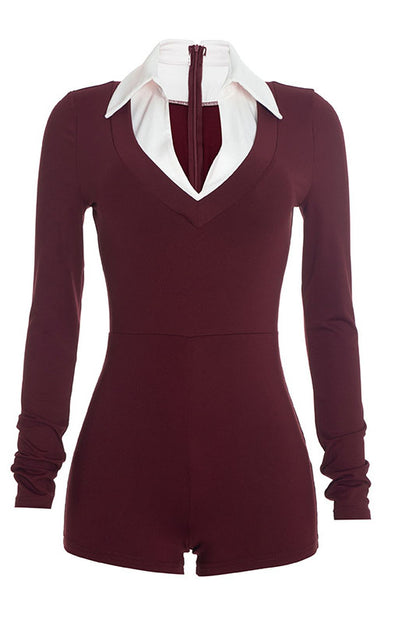 Contrast-Collar V-Neck Long-Sleeve Romper