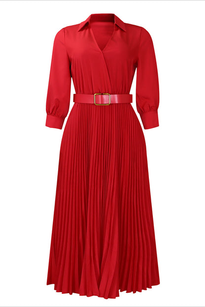 Solid Color Cinched Waist Pleated Long Dress