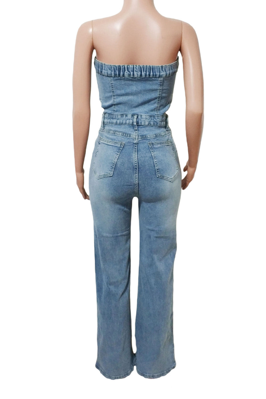 Strapless Slim Top Wide-Leg Denim Jumpsuit