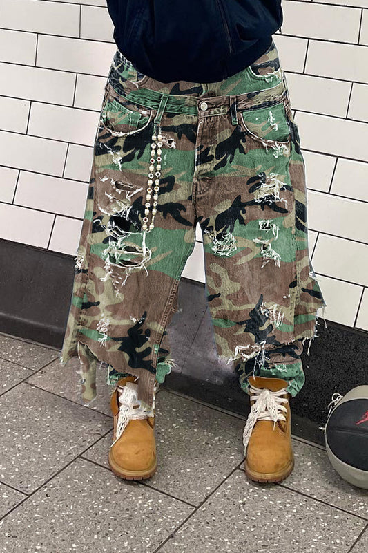 Camo Double Waist Ripped Jeans