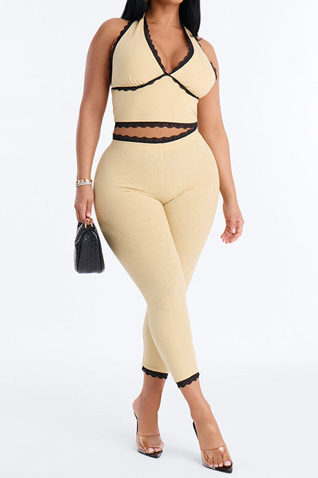 Lace Trim Ribbed Capri Set