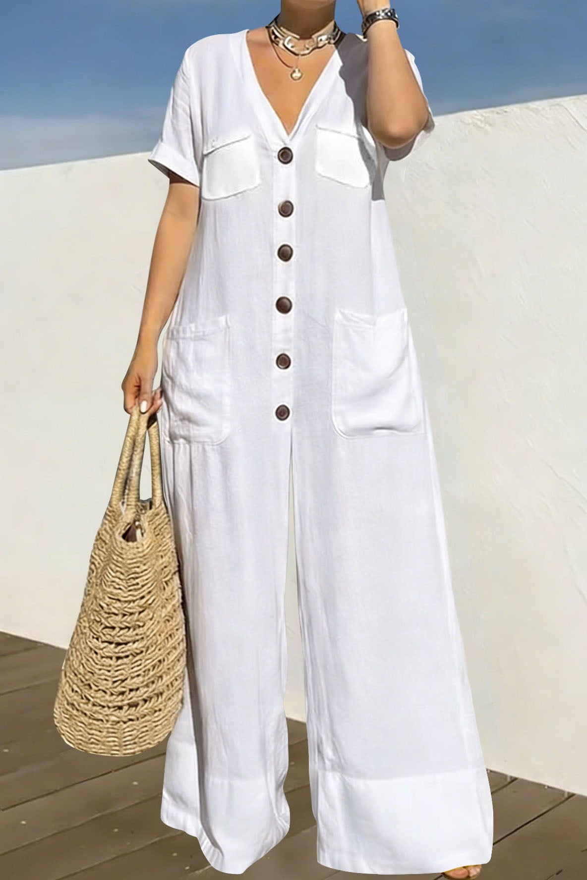 Plus Size Relaxed Button-Front Wide Leg Jumpsuit