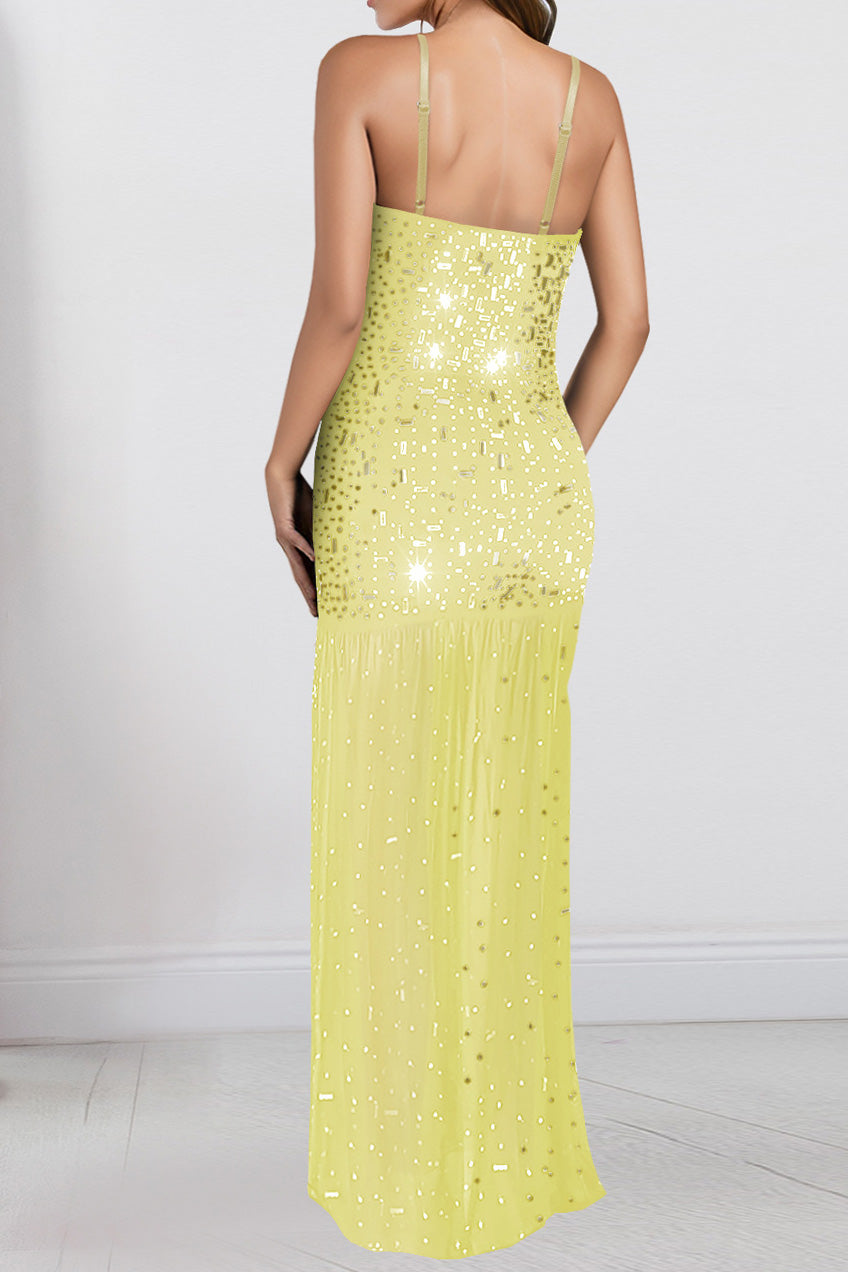 Rhinestone Strap Slit Bodycon Dress