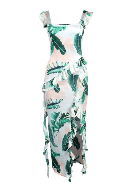 Long Strapless Dress With Slits and Tropical Print