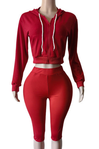 Cropped Zip Hoodie Biker Shorts Set
