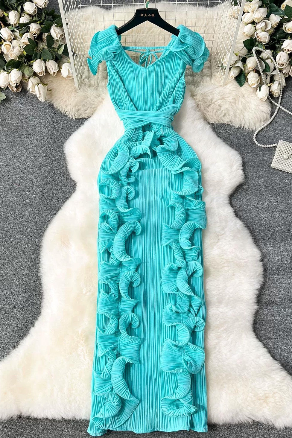 Ruffle 3D Floral V Neck Midi Dress
