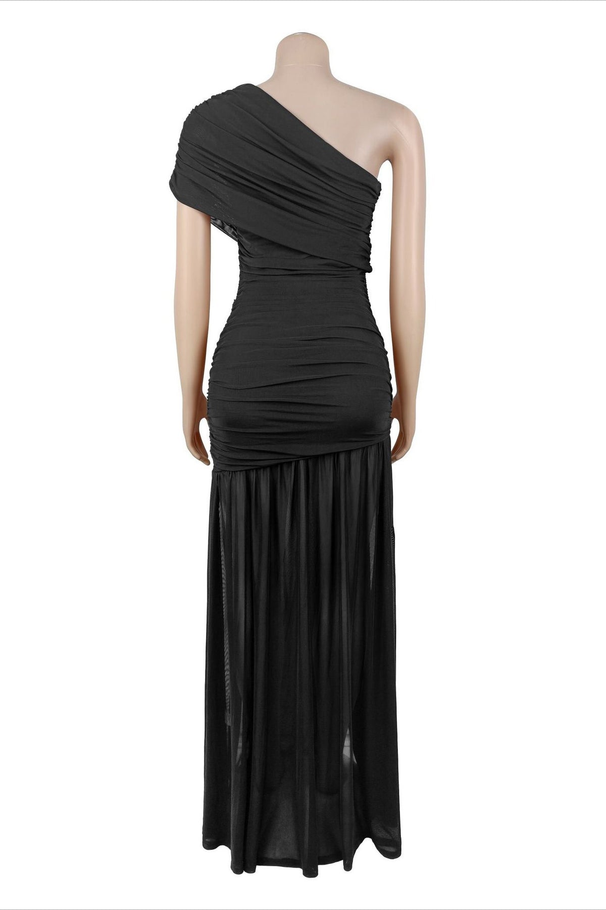 One Shoulder Ruched High Slit Maxi Dress