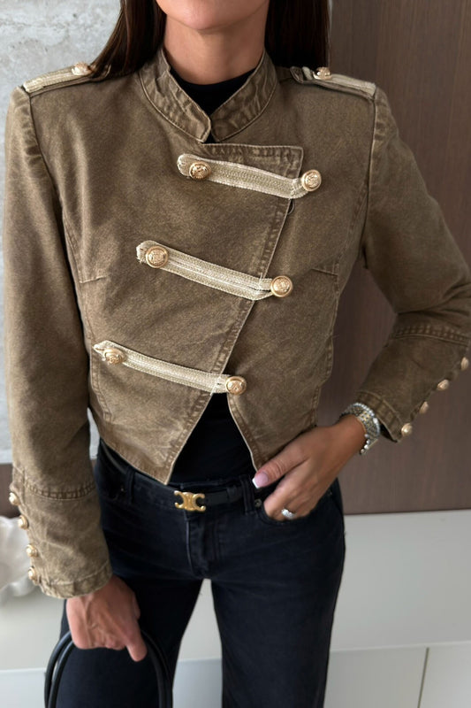 Cropped Military Jacket with Metal Button Detail