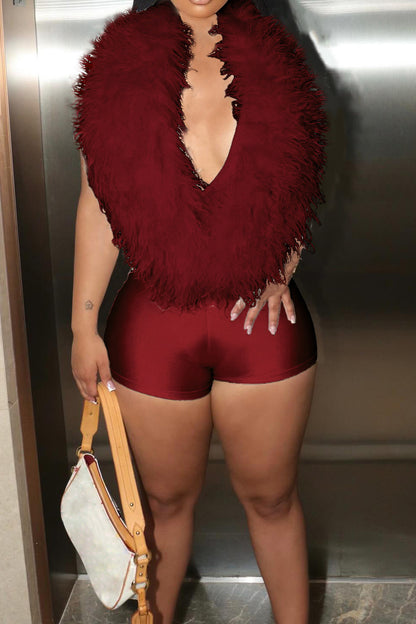 Deep V Feather Halter Romper