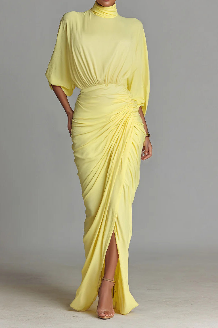 High Neck Half Sleeve Pleated Maxi Dress