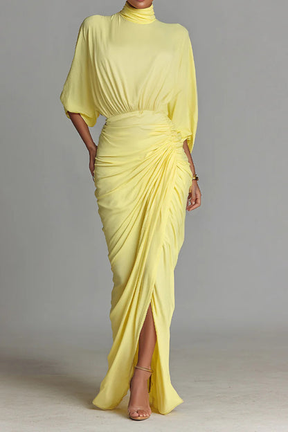 High Neck Half Sleeve Pleated Maxi Dress