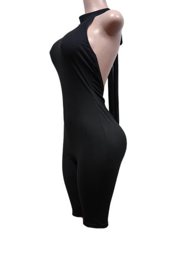 Backless Ruched Halter Biker Romper