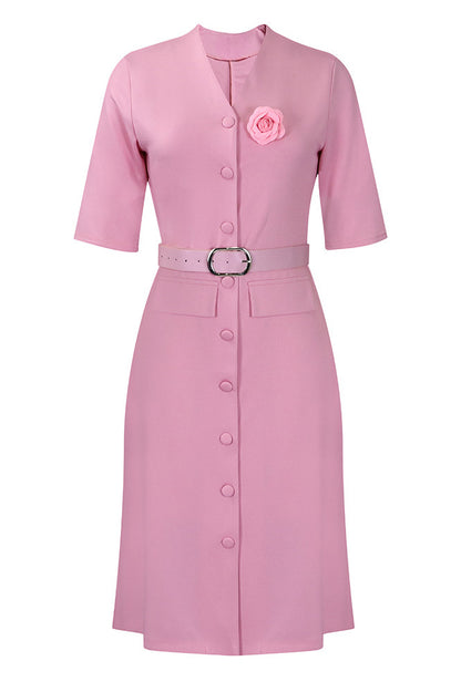 V-Neck Button Front Solid Color Midi Dress