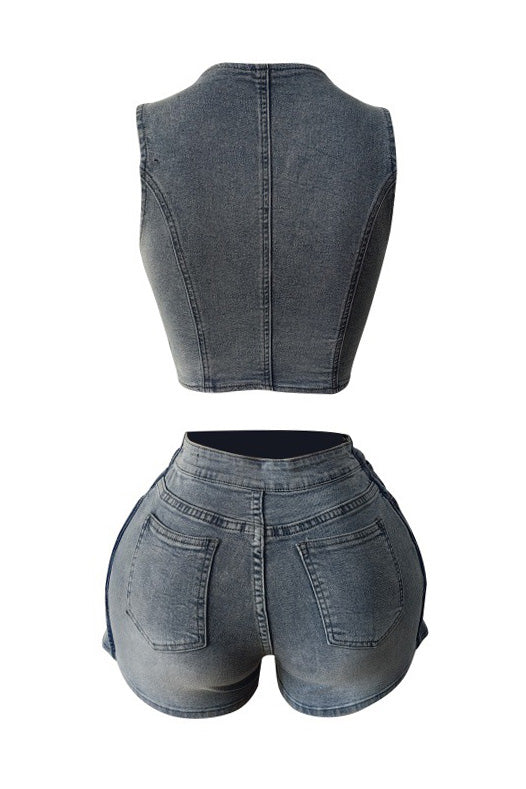 Stretch Denim Apron Shorts Set - Vest & Shorts