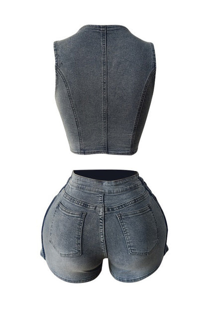 Stretch Denim Apron Shorts Set - Vest & Shorts