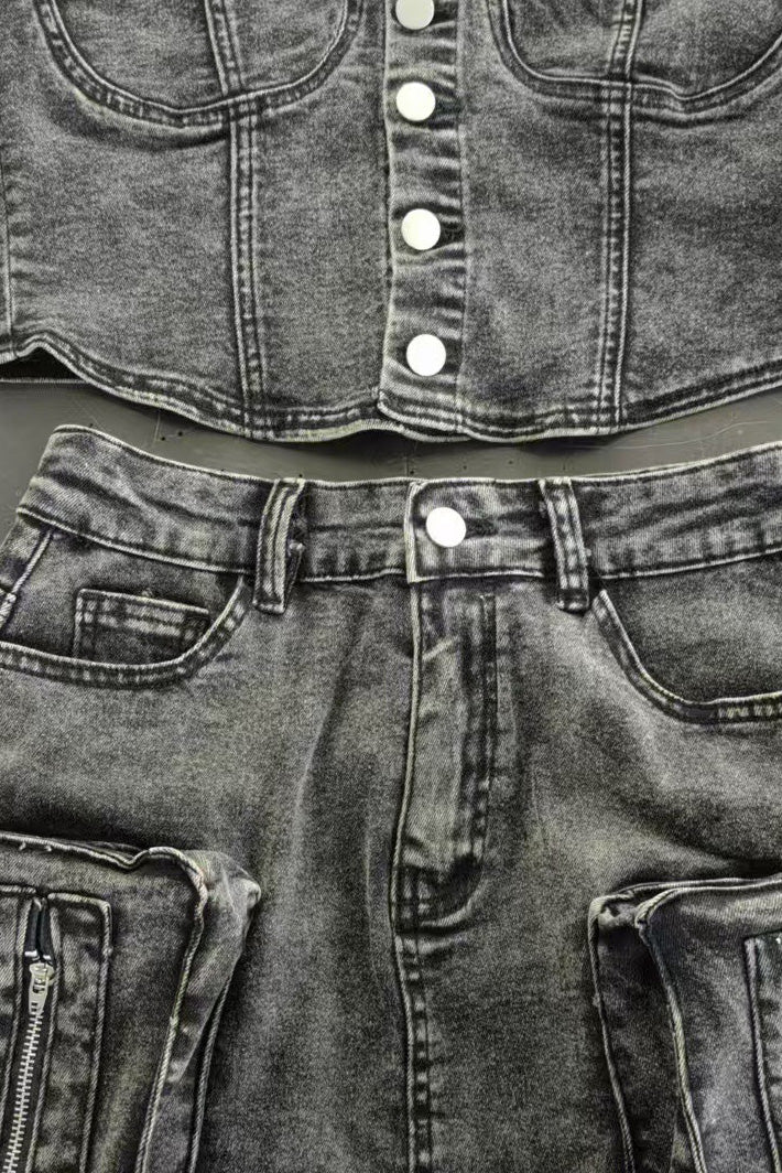 Denim Cargo Skirt Set