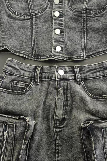 Denim Cargo Skirt Set