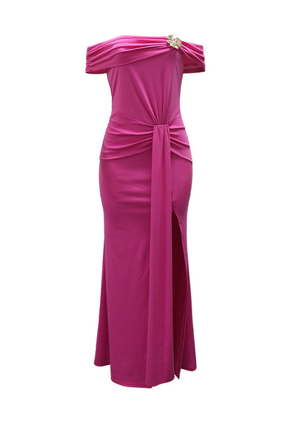Off-Shoulder Draped Slit Maxi Dress
