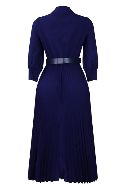Solid Color Cinched Waist Pleated Long Dress