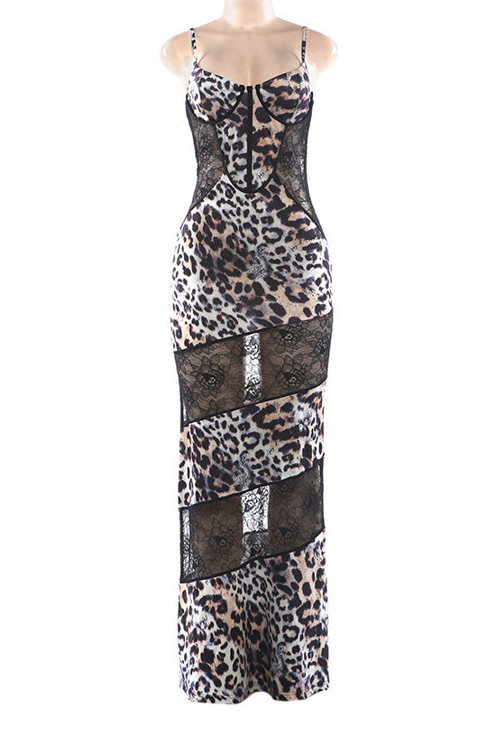 Leopard Print Lace Patchwork Cami Maxi Dress