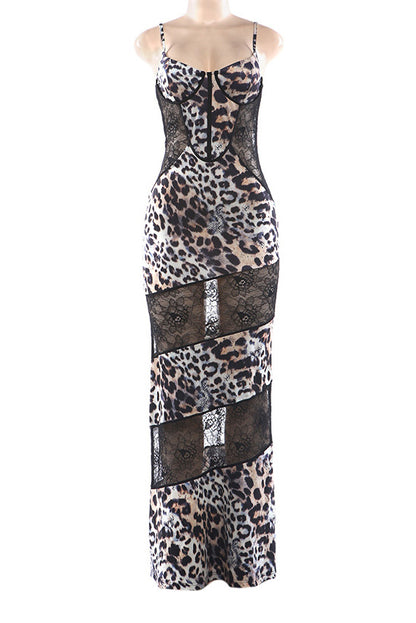 Leopard Print Lace Patchwork Cami Maxi Dress