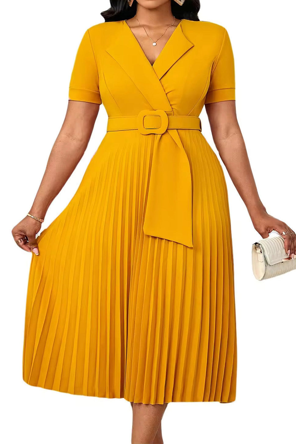 Pleated A-Line Blazer Midi Dress with Belt
