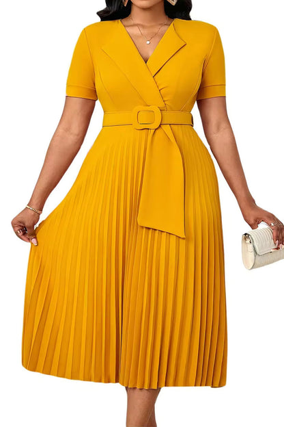 Pleated A-Line Blazer Midi Dress with Belt